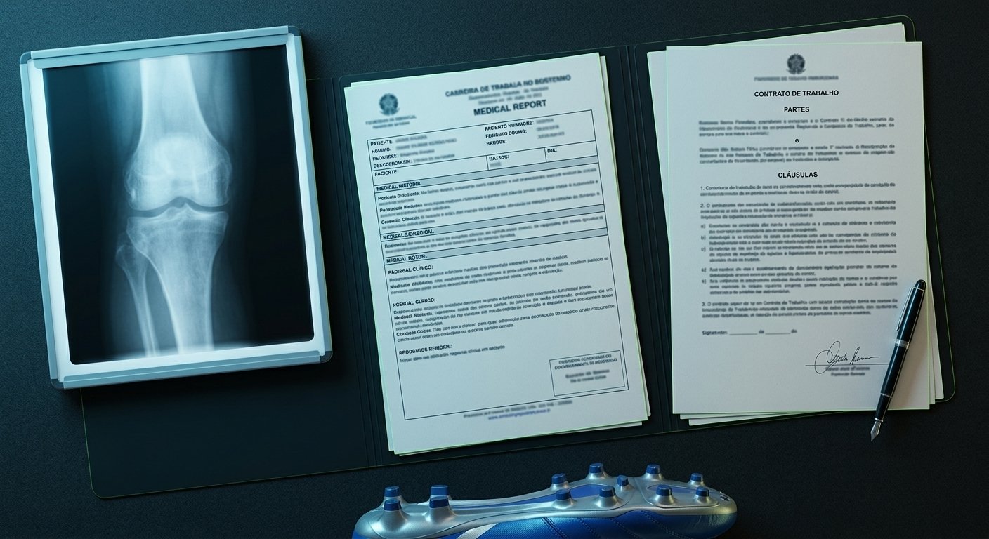 Laudo médico, radiografia de joelho e contrato de trabalho sobre a mesa